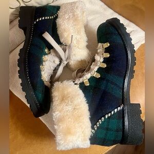 Jack Rogers Navy Plaid Waterproof Fur Trimmed Boots